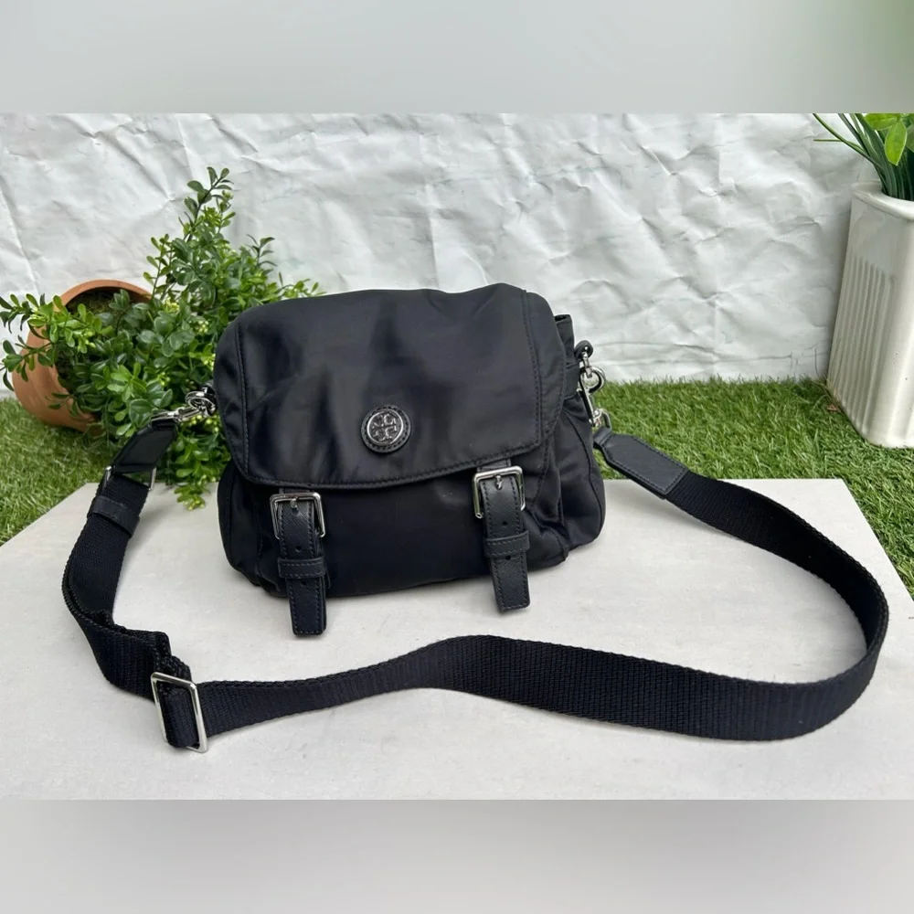 Tory Burch Black Nylon Crossbody Bag with Silver Hardware